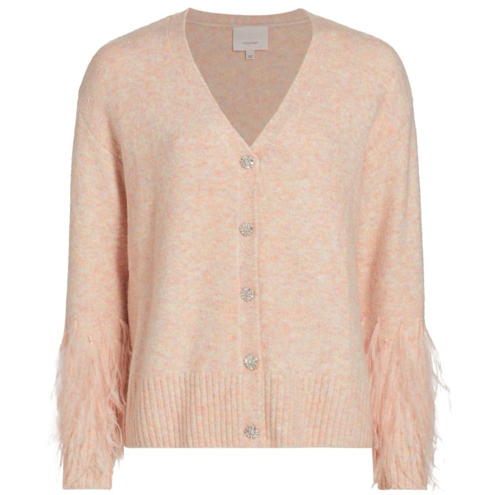 Cinq à Sept Peach Feather-Trimmed Cardigan Briana ostrich nwot xs pink
